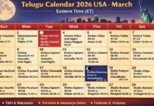 Telugu Calendar 2026 USA March – New York, Chicago, New Jersey (Ugadi, Festivals & Panchangam) Telugu Calendar 2026 USA March